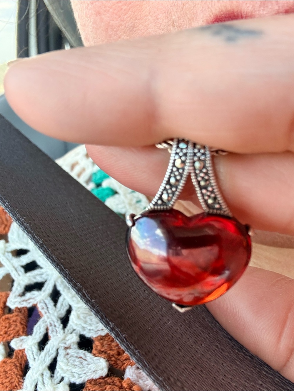 Large red stone heart. Silver